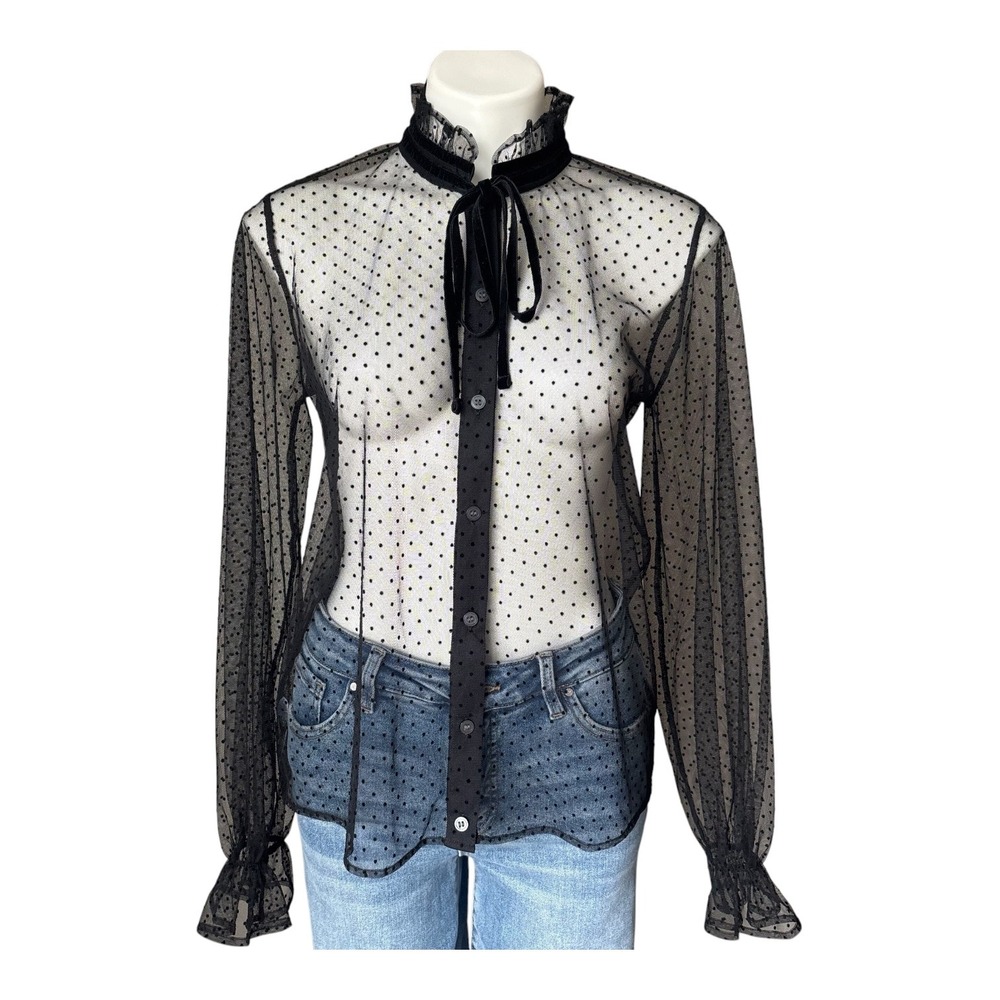 Ann Taylor The Loft Velvet Tulle Bow Swiss Dot Blouse Black Sheer Small